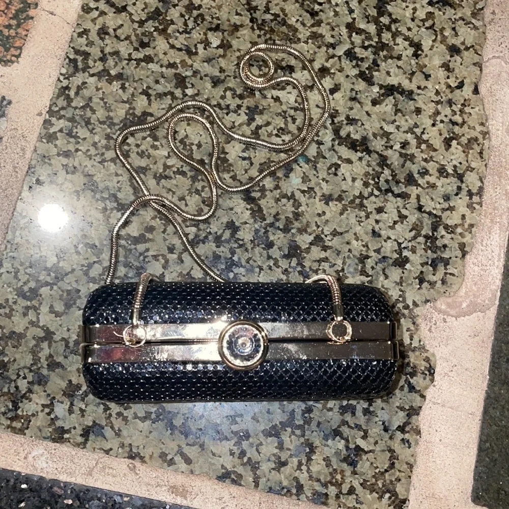 SONDRA ROBERTS Shoulder-Bag Box Clutch Hard-Case-Mesh Rhinestone Clasp Metallic - Picture 3 of 7